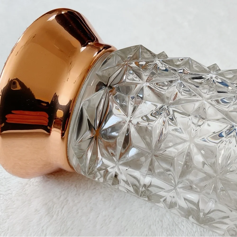 Vintage Pressed French Glass Vase Copper Tone Base Diamond Cut MCM Decor